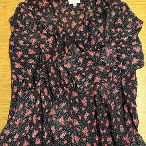 LOFT Black and Red Floral V Neck Blouse with Ruffle